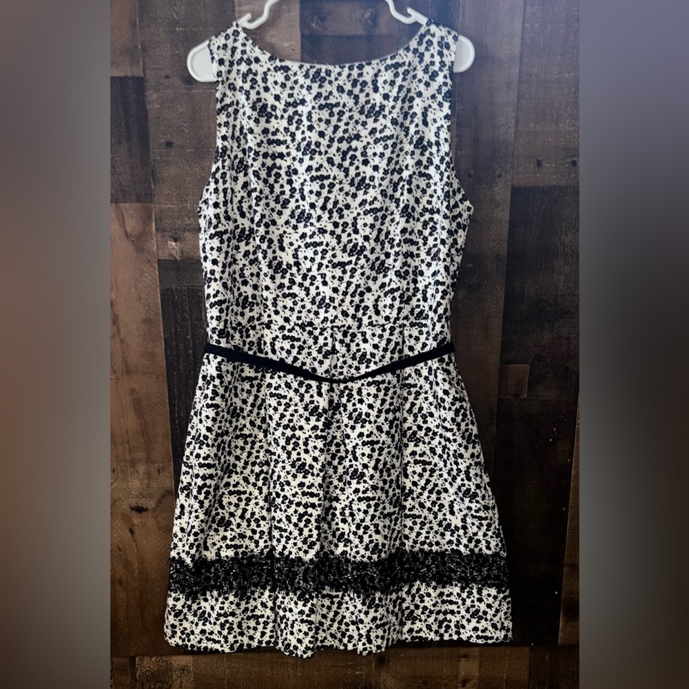 Danny & Nicole Black and White Printed Fit-and-Flare Dress with Lace Trim